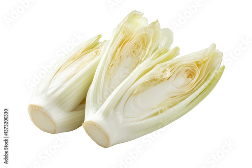Two heads of Belgian endive cut in half showcasing fresh, crisp inner leaves perfect for salads or garnishes
