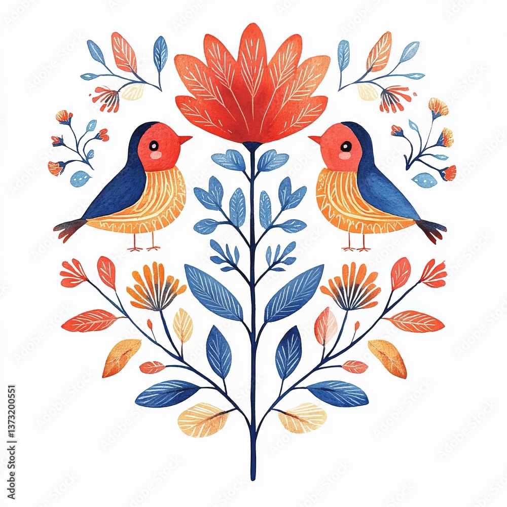 Scandinavian-inspired folk art print with birds and flowers Scandinavian-inspired folk art print with birds and flowers