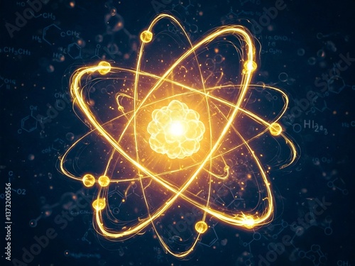 Glowing atomic structure with swirling electrons around a bright nucleus, symbolizing nuclear energy, quantum physics, and futuristic technology. Perfect for science, research, and innovation themes.	