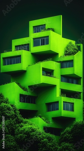 Green building made of stacked cubes with trees