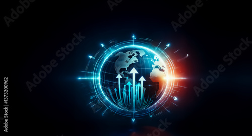 Wallpaper Mural A glowing globe icon encircled with a digital ring and upward arrows represents global progress and technological innovation against a dark backdrop. Torontodigital.ca