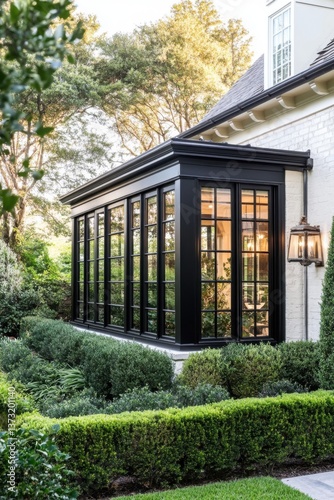 Modern glass conservatory design enhances garden view and natural light around a stylish home in a suburban setting during sunny weather