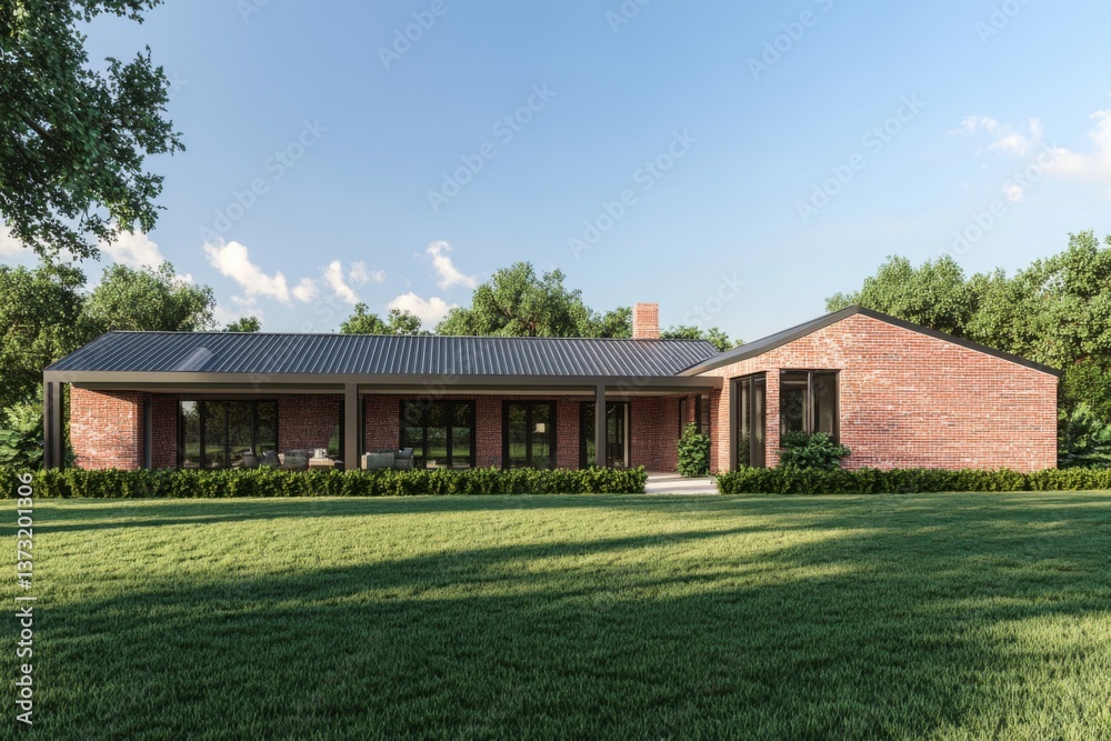 Modern brick house surrounded by greenery, featuring a sleek design with large windows, a cozy patio, and a well-manicured lawn on a sunny day Modern brick house surrounded by greenery, featuring a sleek design with large windows, a cozy patio, and a well-manicured lawn on a sunny day