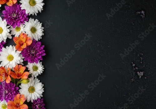 A floral border featuring daisies, dahlias, and alstroemeria against a dark textured background, perfect for your text.