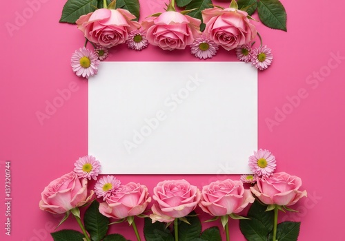 A blank card is framed by pink roses and daisies against a vibrant pink background.
