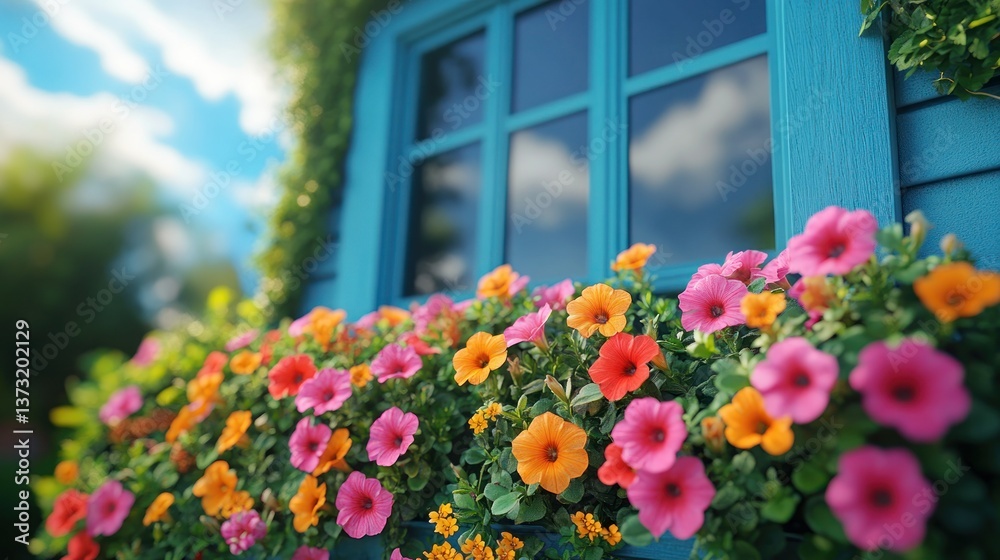 Vibrant flowers overflowing a teal window box Vibrant flowers overflowing a teal window box