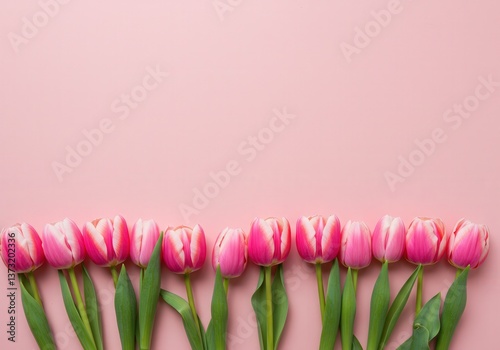 A soft pink background is adorned with a row of pretty pink and white tulips in bloom.