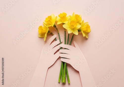 A paper cut-out shows hands gently holding a bouquet of cheerful yellow daffodils on a pink backdrop.