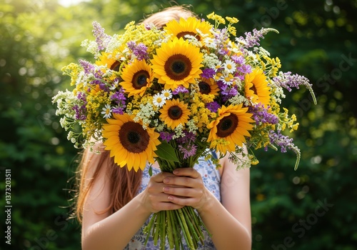 A beautiful, natural bouquet of sunflowers and wildflowers hides the face of a young woman outdoors.