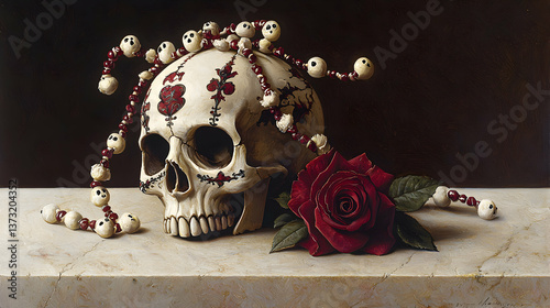 Embroidered Skull with Red Rose and Beads Still Life photo