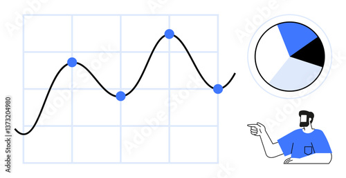 Line graph with blue point markers and grid, pie chart with four segments, man in blue shirt pointing. Ideal for data analysis, business strategy, market research, statistics, financial planning