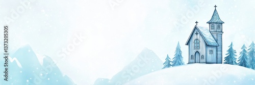 Intricate Scandinavian wooden church surrounded by icy mountains and serene winter landscape