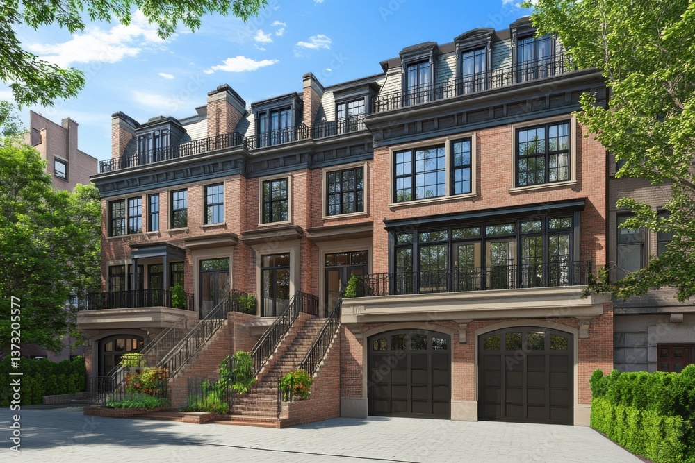 Naklejka premium Luxurious urban townhouses with elegant architecture and spacious exteriors nestled in a vibrant city neighborhood under a clear blue sky