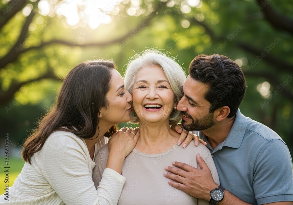 A happy senior woman is embraced and kissed by her loving adult daughter and son in the park. A happy senior woman is embraced and kissed by her loving adult daughter and son in the park.