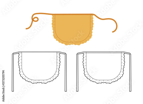 Set of Maid Aprons with Ruffles Scalloped technical fashion illustration. Flirty Retro uniform ochre cartoon Flat sketch outline apparel template front, back view. Women men unisex CAD mockup isolated