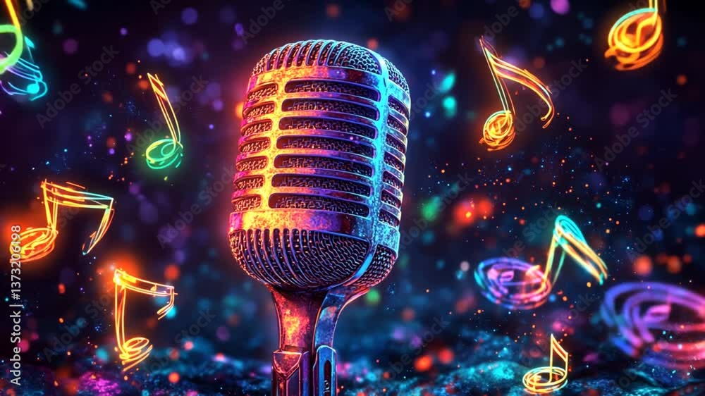 Retro microphone, vibrant musical notes, dark background.  Possible use stock photo for music, concerts, or entertainment