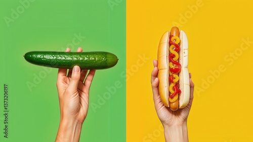 Two hands showcase different food choices: one holds a fresh cucumber, while the other has a colorful hot dog, all against vibrant green and yellow backgrounds, reflecting diverse tastes.