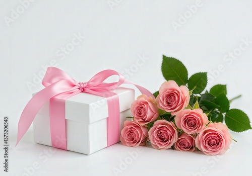 A delightful gift box tied with a pink ribbon, alongside a beautiful bunch of pink roses.
