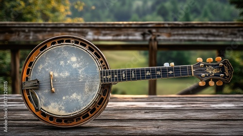 Vintage banjo resting on rustic wooden deck