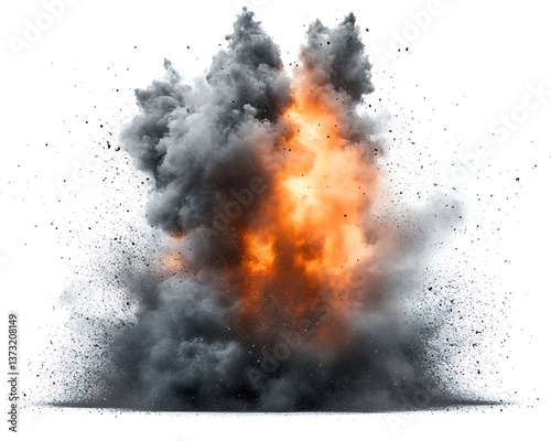 Fiery explosion with smoke, and debris.