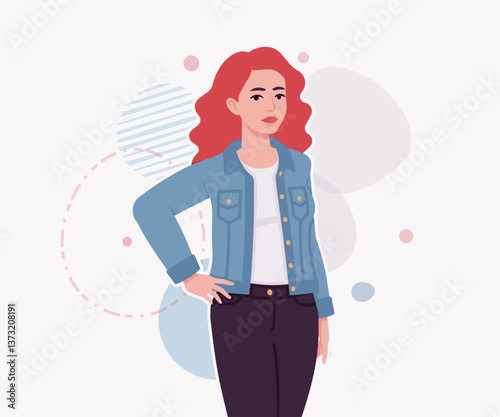 Woman with dyed red hair wearing denim jacket standing pose. Attractive bright female, trendy sporty look, jeans for relaxed city life style. Vector flat style cartoon illustration creative background