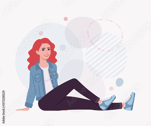Woman with dyed red hair wearing denim jacket floor sit pose. Attractive bright female trendy sport shoes, jeans for relaxed city life style. Vector flat style cartoon illustration creative background