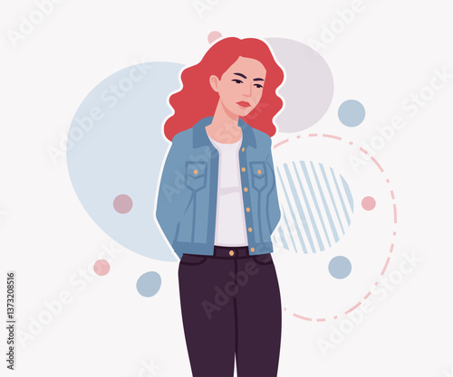 Woman with dyed red hair wearing denim jacket worry pose. Attractive bright female, trendy sporty look, jeans for relaxed city life style. Vector flat style cartoon illustration creative background