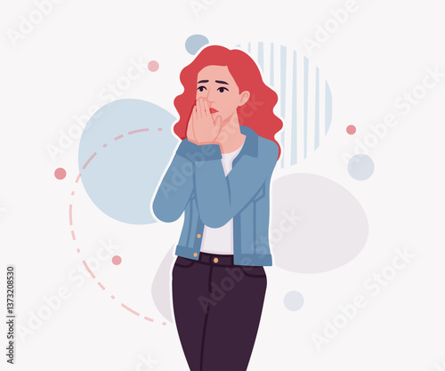 Woman with dyed red hair wearing denim jacket waiting pose. Attractive bright female, trendy sporty look, jeans for relaxed city life style. Vector flat style cartoon illustration creative background