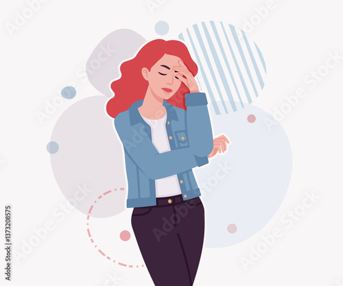 Woman with dyed red hair wearing denim jacket head ache pose. Attractive bright female trendy sporty look, jeans for relaxed city life style. Vector flat style cartoon illustration creative background