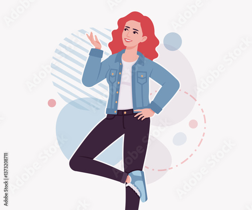Woman with dyed red hair wearing denim jacket cool pose. Attractive bright female, trendy sport shoes, jeans for relaxed city life style. Vector flat style cartoon illustration creative background