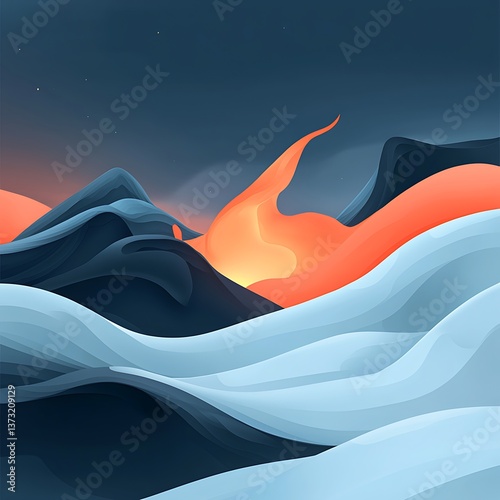 Fiery Sunset with Abstract Mountain Landscape.
