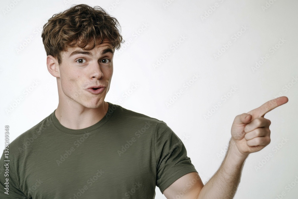 Caucasian man in green shirt pointing, making a surprised expression in a studio setting Caucasian man in green shirt pointing, making a surprised expression in a studio setting