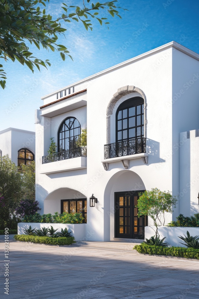 Fototapeta premium Elegant modern architecture features white walls, arched windows, and lush greenery in a tranquil setting under a clear blue sky