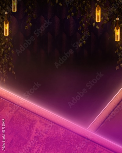 Elegant Golden Background with Hanging Bottles and Warm Ambient Lighting