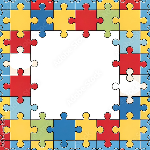World Autism Awareness Day puzzle frame background template. A vibrant and colorful puzzle-themed vector banner representing autism awareness. Symbolizing unity and diversity.