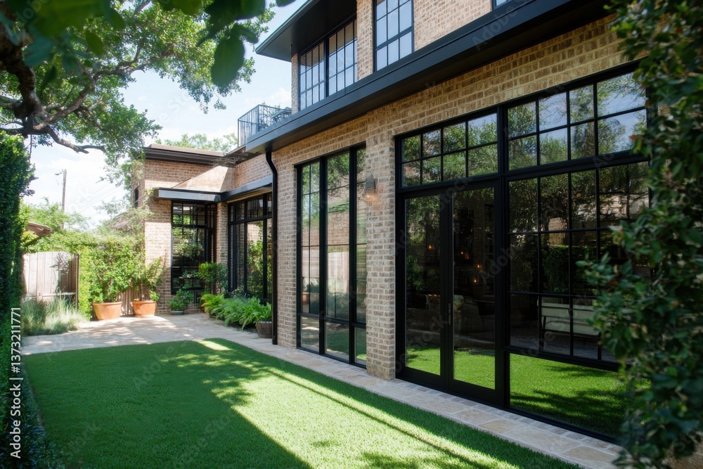 Modern architectural design showcases a spacious garden with lush greenery, large windows, and brick exterior under bright sunlight in a residential neighborhood Modern architectural design showcases a spacious garden with lush greenery, large windows, and brick exterior under bright sunlight in a residential neighborhood