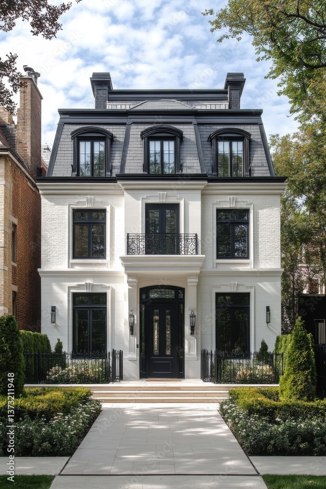 Fototapeta premium Elegant modern mansion with a classic touch situated in a tranquil neighborhood surrounded by lush greenery in broad daylight