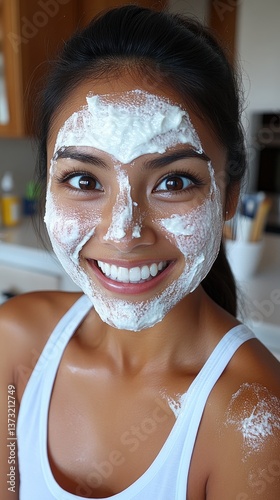 Smiling woman with white face mask, wearing a white tank top in a kitchen