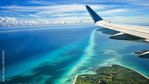 Vibrant coastal view from an airplane wing over the turquoise waters and lush islands of a tropical paradise