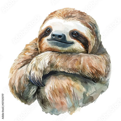 A watercolor vector of a sloth, isolated on a white background. Sloth vector.

