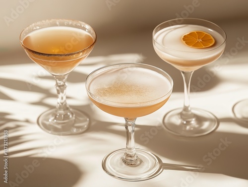 cocktails in elegant glasses, arranged on an ivory surface with soft shadows and highlights