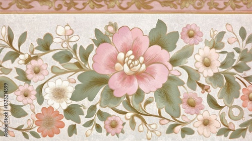 
Vintage Floral Wallpaper Border with Hand-Painted Pink Flowers, Green Leaves, and Decorative Pattern – Classic Home Décor Design