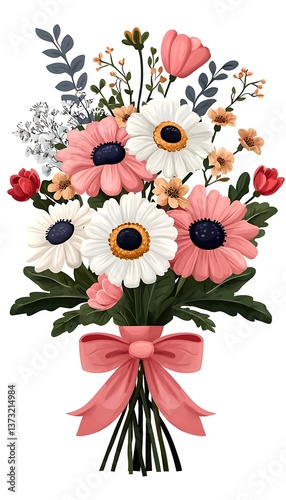 Floral bouquet with pink ribbon, and white background.