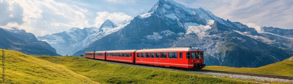 Beautiful scenery with cogwheel red train of the famous Jungfrau Railway from Jungfraujoch Top of Europe to Kleine Scheidegg, Bernese Oberland, Switzerland Beautiful scenery with cogwheel red train of the famous Jungfrau Railway from Jungfraujoch Top of Europe to Kleine Scheidegg, Bernese Oberland, Switzerland