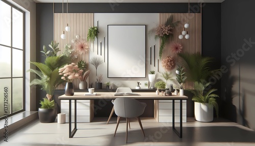 Elegant, minimalist office with plants and flowers, and a beautiful lagoon view. Created with generative AI.