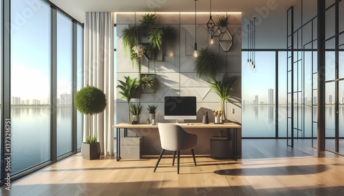 Elegant, minimalist office with plants and flowers, and a beautiful lagoon view. Created with generative AI.