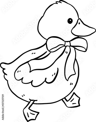 Cute Duck with Bow Walking Springtime Aesthetic Cartoon Doodle Hand Draw