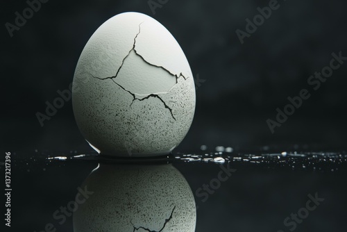 Cracked Egg Reflecting on Wet Black Surface Against Dark Background