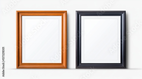 Realistic wooden picture frames in black and orange hues on transparent background for displaying artwork and memories