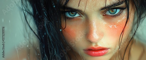 Close-up of a woman's face with intense blue eyes. Wet hair and skin, creating a raw and emotional portrait